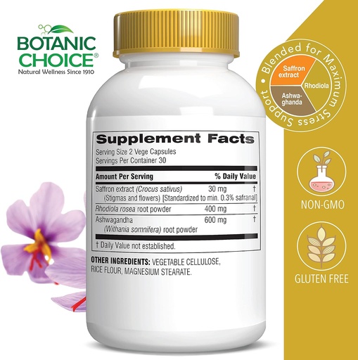 [BRSRMHQ2AABWKYDU] Botanic Choice Stress Complex Κάψουλες - Mood & Memory Support with Saffron, Ashwagandha, Rhodiola - Χωρίς γλουτένη, 60 Κάψουλες
