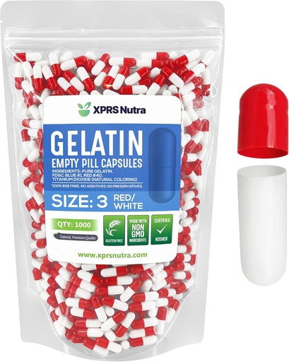 [BRSWY2QLORYWK33G] XPRS Nutra Size 3 Empty Capsules - 1000 Count Empty Gelatin Capsules - Pills DIY Capsule Filling - Pure Bovine Pill Gel Caps Fillable for Do-It-Yourself Vitamins and Supplements (Red/White)