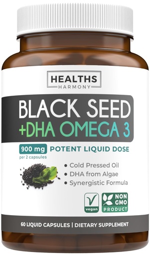 [BRSRABQ6OF5WACL6] Cold-Pressed Black Seed Oil Capsules - Vegan Non-GMO Nigella Sativa Black Seed Oil Supplement with Omega 3 DHA for Full Body Wellness & Brain Support - Vegan Omega 3 & Thymoquinone-Rich (1 Month)