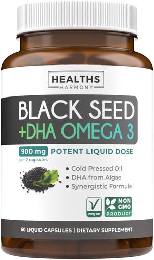 [BRSRABQ6OF5WACL6] Cold-Pressed Black Seed Oil Capsules - Vegan Non-GMO Nigella Sativa Black Seed Oil supplement with Omega 3 DHA for Full Body Wellness &quot; Brain Support - Vegan Omega 3 &quot; Thymoquinone-Rich (1 Month)