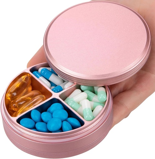 [BRSRAGA7C57WOYA4] Metal Pill Organizer 4 Compartments - Portable Travel Pill Case Daily, Waterproof Pill Box for Purse, Compact Pill Holder Medicine Container Dispensers for Vitamin Cod Liver Oil Supplement Pink