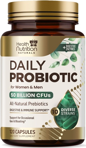 [BRSRAYLRA4PA4ELF] Probiotics 50 Billion CFU per Serving - 10 Strains + Prebiotics - Digestive Health, Gut & Immune Support - Occasional Constipation, Gas & Bloating Support for Women & Men, Bottled USA - 120 Capsules