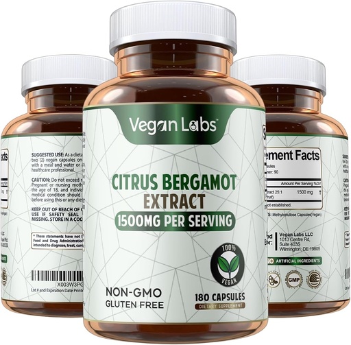 [BRSROEAYDN6BM3TD] Vegan Labs Citrus Bergamot Extract 1500MG- 180 Vegan Capsules- 25:1 Citrus Bergamia Extract- Supports Overall Health and Antioxidant Protection- Gluten Free, Non-GMO