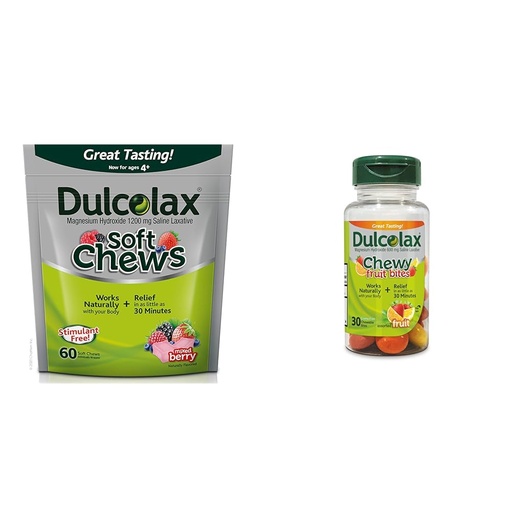 [BRSROAIKCEMRMCTZ] Dulcolax Soft Chews Saline Laxative Mixed Berry (60ct) Gentle Constipation Relief, Magnesium Hydroxide 1200mg & Chewy Fruit Bites, Saline Laxative, Assorted Fruit (30ct) Cramp-Free Constipation Relief