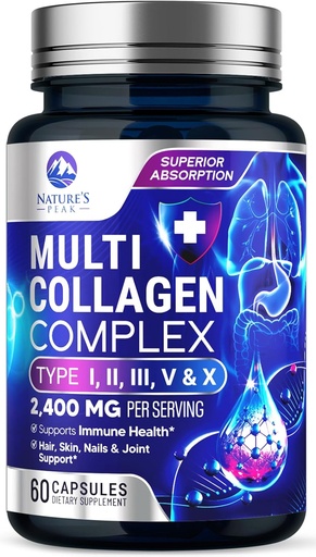 [BRSRAFIECMFROH35] Multi collagene Peptides Supplemento per capelli, chiodo, pelle - tipo I, II, III, V, X, Collagen Powder Pills - Grass-Fed, idrolizzato per Bone e Joint Support per donne e uomini, Non-OGM - 60 capsule
