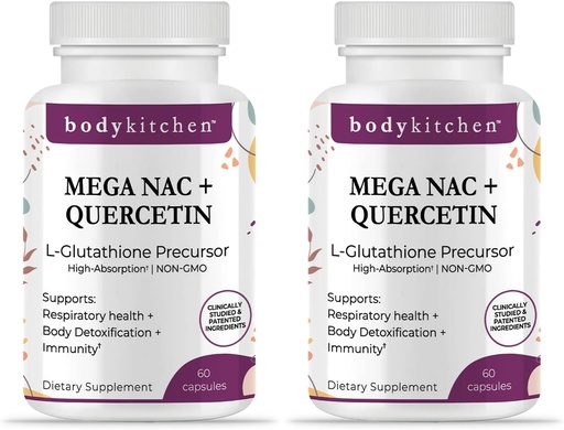 [BRSRMBAHOINWM237] Body Kitchen Mega NAC (N-Acetyl Cysteine) 600 mg Quercetin-ekin, arnasketa-osasuna eta immunitate-funtzioa onartzen ditu eta Liver eta Kidney Detox, Veggie Caps (Pack of 2) sustatzen ditu