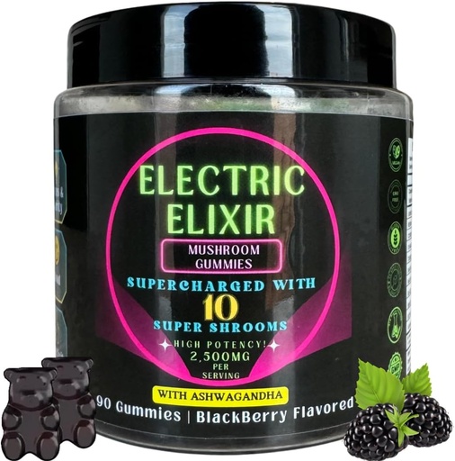 [BRSRAFAYBENBGDTA] Lion 's Mane & Ashwagandha Supplement Mushroom Gummies - Økologisk, Vegansk, Nootrop, GlutenFree - Omfattende supplement til Brain Focus, Energy, Mood & Stamina - 10 Mushroom Blend 90Count BlackBerry