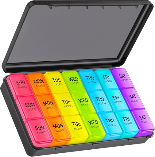[BRSRMGQ3CUMAG2AZ] Large Pill Organizer 3 Times a Day, Weekly Pill Box 7 Day with Black Outer Case for Privacy Protection & Light Proof, User-Friendly & Portable Pill Case for Vitamins, Fish Oils, Supplements