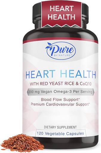 [BRSROEIHBFYBQ3L7] Pure By Nature Red Yeast Rice with CoQ10 Supplement for Men & Women, 200mg Vegan Omega 3 Per Serving, Gluten-Free Non-GMO, 120 Capsules