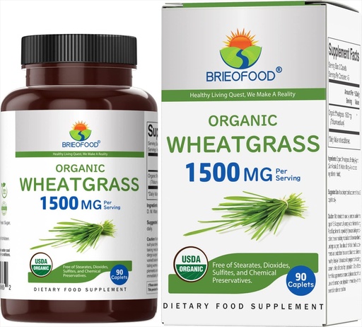 [BRSRMZAKC4FQMEL2] Brieofood 유기 Wheatgrass 1500mg, 45 서빙, 채식, 글루텐 무료, 90 채식 정제