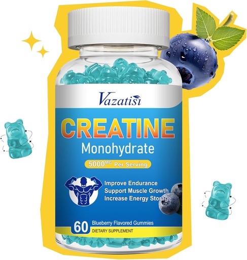 [BRSROADQCQHGYALL] Creatina Monohidrato Gummies para mulleres e homes, Sugar Free Vegan Creatine Suplemento para construír músculos, aumentar enerxía e forza, Blueberry Flavor, 60 Conde