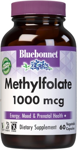 [BRSW2HATCEFWGGTL] BlueBonnet Nutrition Methylfolate 1000 mcg, for Energy, Mood, and Prenatal Health *, Non-GMO, Vegan, Kosher Certified, Gluten- Free, 60 növényi kapszula, 60 szerváció