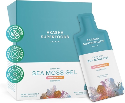 [BRSROEL7AAHBGF35] Akasha Superfoods Irish Sea Moss Gel, Liposomal Seamos with Irish Sea Moss, bitamina E, Citrus, Organic Vanilla, Glycerin, Skin, Energy & Gut Health Support for Women & Men, Sweet Citrus Flavor, 30 Ct