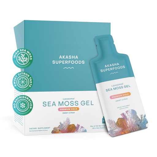 [BRSROEL7AAHBGF35] Akasha Superfoods Irish Sea Moss Gel, Liposomal Seamoss with Irish Sea Moss, Vitamin E, Citrus, Organic Vanilla, Glycerin, Skin, Energy & Gut Health Support for Women & Men, Sweet Citrus Flavor, 30 Ct