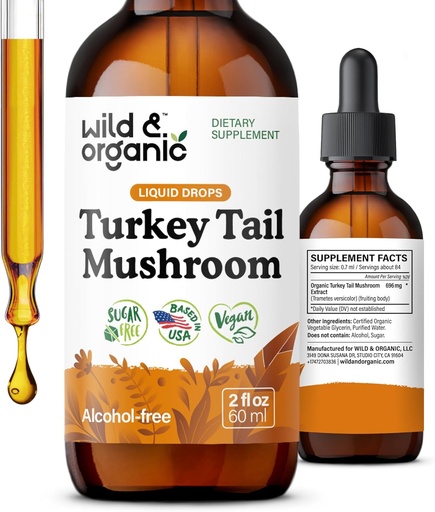 [BRSRAGQFC4PRAF3B] Wild & Organic Turkey Tail Tincture - Immune & Gut Support - Turkey Tail Mushroom Extract Drops - Vegan, Sugar & Alcohol-Free Liquid Supplement - 2 fl oz