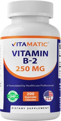 [BRSW2FD3BMNAY2DX] Vitamatic Vitamin B2 (Riboflavin) 250 mg - 200 Capsules Support Cellular Energy & Red Blood Cell Production