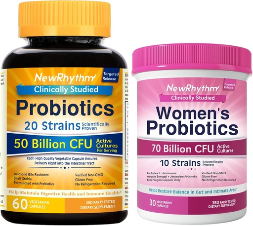 [BRSRAAYCCADRGFA6] NewRhythm Gut & Feminine Health Bundle, Probiotics 50 Billion CFU & Women's Probiotics 70 Billion CFU, Daily Gut Health & Feminine Care, 90 Capsules Total (Pack of 2)