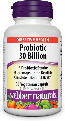[BRSWYZIKOUCR4F3A] Webber Naturals Probiotics, High Potency, 30 Billion CFU, for Men, Women, and Adults, Shelf Stable (No Refrigeration Required), 8 Probiotic Strains, 30 Vegetarian Capsules, for Digestive Health