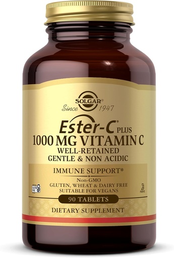 [BRSWIYT3OMABMG36] Solgar Ester-C Plus 1000 mg Vitamine C (Complexe d'Ascorbate), 90 comprimés - doux sur l'estomac et non acide - Antioxydant et système immunitaire - Non OGM, végétalien, sans gluten, casher - 90 portions