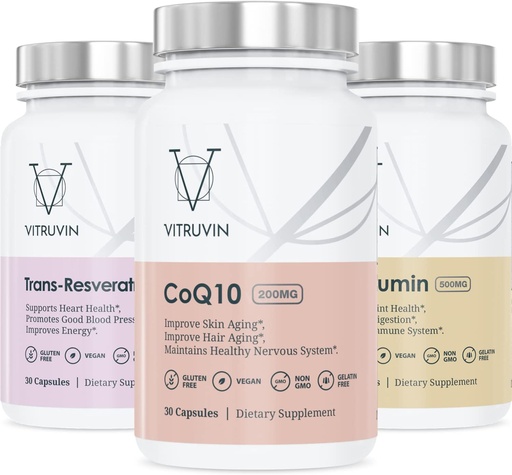 [BRSRMZIRPN7BQ3A2] Vitruvin Beauty + Comfort Pack COQ10 200mg + Trans- Resveratrol 500mg + Curcumin 500mg, Vegan, Non-GMO, Gluten-Free, Gelatin-Free. Healthy Skin, Hear, Joints and Brain