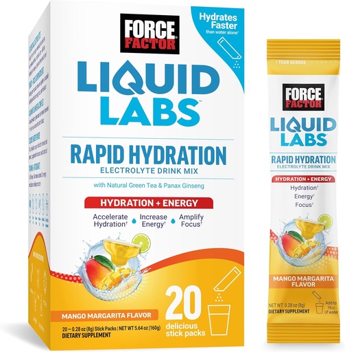[BRSROYY3OR7A4F37] Force Factor Liquid Labs Electrolytes Powder Packets—Mango Margarita—Energy Hydration Packets to Make Electrolyte Water with 5 Essential Electrolytes, Vitamins, Minerals & Antioxidants, 20 Stick Packs