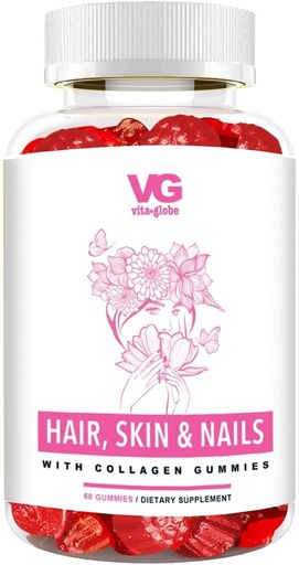[BRSW2A35DEFGA3DX] VITA GLOBE Haar, Haut und Nägel + Kollagengummis – 20mg mit Vitaminen A, C, D, E, B6 & Biotin | Beauty & Wellness Supplement für gesundes Haarwachstum, Radiant Skin & Strong Nails – 60 Count (Pack von 1)