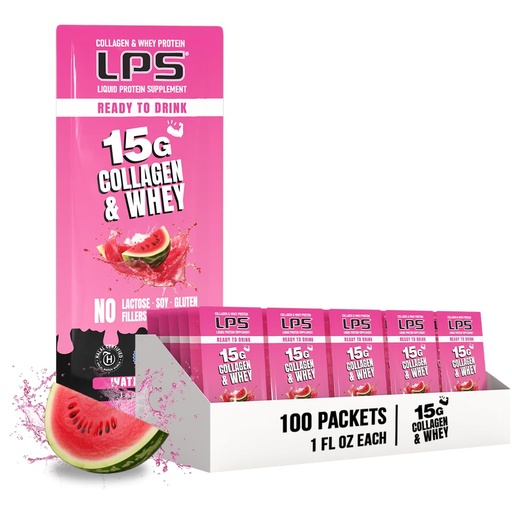 [BRSWGBITAANAACTA] Nutritional Designs LPS Liquid Collagen & Whey Protein Supplement - Non-GMO Drink, Sugar-Free - Promotes Healthy Skin & Hair for Men & Women, Watermelon, Single Serve (100 Packets)