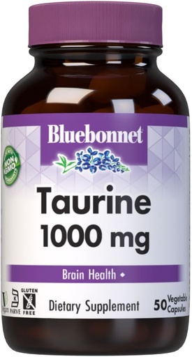 [BRSWIYT7BIABEF3Y] Bluebonnet Nutrition Taurin 1000 mg, Zdravje živčnega sistema*, Non-GMO, Vegan, Kosher Certified, Gluten-free, Soy-free, 50 Zelenjavne kapsule, 50 Serving