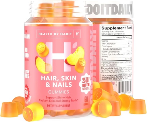 [BRSRMAL3CUHRUETO] Health by Habit Hair, Skin and Nails Supplement (60 Gummies) - 2500mcg Biotin, Vitamin C, Vitamin E, Strong Nails, Peach Flavor, Vegan, Gluten Free, Non-GMO