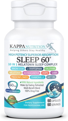 [BRSRAHQNB4CRU3Q7] KAPPA NUTRITION Sleep 60, Sleep Aid, 60mg of Melatonin, 60-Day Supply, Non-Habit Forming Vegan Capsules Natural Ingredients for Easier Bedtime, Herbal Supplement, Valerian Root, Chamomile Non-GMO