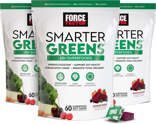 [BRSW2AL4CEMGO335] FORCE FACTOR Smarter Greens Superfood Chews, 3-Pack, Greens and Superfoods with Probiyotiks, Antioksis, and Fiber, Greens Supplement to Support Digestion, Nitric Physics, and Energy, 180 Chews