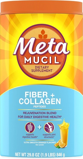 [BRSW2AACCAMBGC3A] Metamucil Daily Fiber + Collagen, Psyllium Husk Powder, Plant Based Fiber Supplement, Sugar-Free with Stevia, 3-in-1 Fiber Supplement for Digestive Health, Orange Flavored, 90 Doses