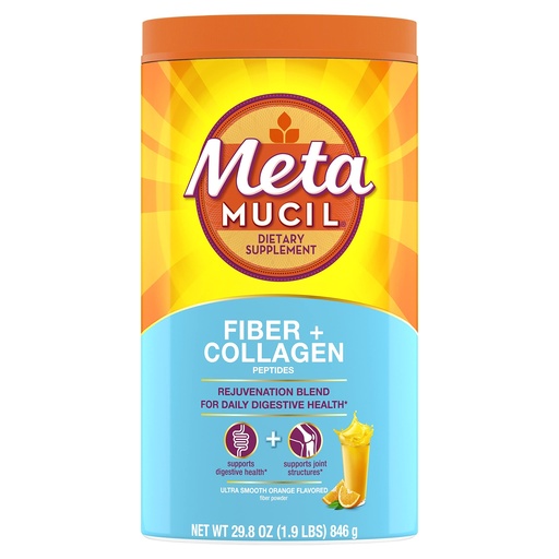 [BRSW2AACCAMBGC3A] Metamucil Daily Fiber + Collagen, Psyllium Husk Powder, Plant Based Fiber Supplement, Sugar-Free with Stevia, 3-in-1 Fiber Supplement for Digestive Health, Orange Flavored, 90 Doses
