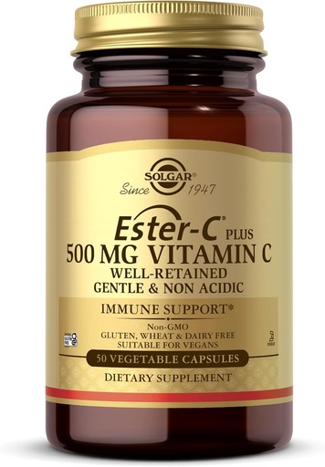 [BRSWIYQ4CB5WAF36] Solgar Ester-C Plus 500 mg Vitamin C (Ascorbate Complex) - 50 Vegetable Capsules - Gentle & Non Acidic - Antioxidant & Immune Support - Non GMO, Vegan, Gluten Free, Kosher - 50 Servings