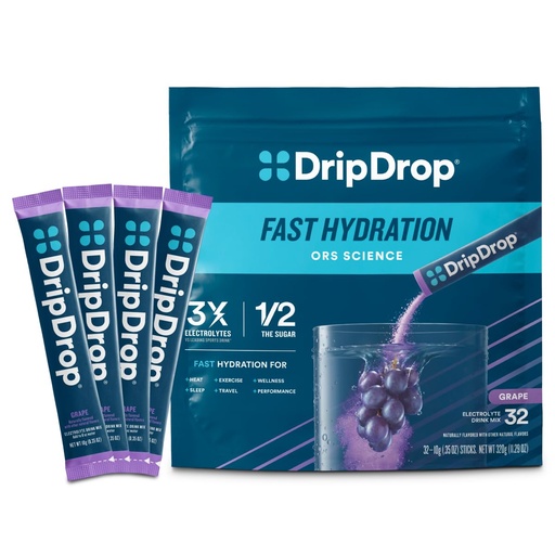 [BRSW2ZQYPIFW2HTX] DripDrop Hydration Packets - Grape - Single Serve Electrolytes Powder Drink Mix - Non-GMO, Gluten Free, Vegan - 32 Sticks