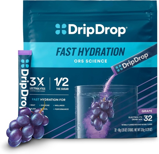 [BRSW2ZQYPIFW2HTX] DrippDrop Hydration Packets - Grape - Single servere elektrolyter pulverdrikk blanding - Ikke-GMO, Glutenfri, Vegan - 32 Sticks