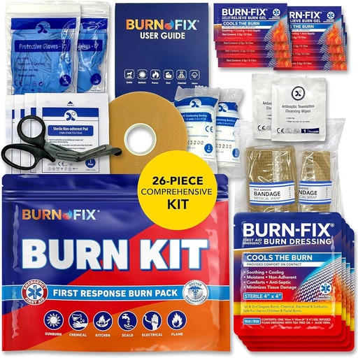 [BRSRAGQ5CADWECTL] BurnFix® Burn Kit First Aid for Burns Emergency – 26-Piece Burn Treatment with Cooling Gel, Dressings & Gloves – Kitchen, Sunburn, Chemical & Scald Relief – Home, Office, Travel