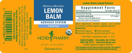 [BRSRMFIYC4HAACTL] Herb Pharm Certified Organic Lemon Balm Liquid Extract för Calming Nervous System Support, Organic Cane Alcohol, 1 Ounce (Pack of 5)
