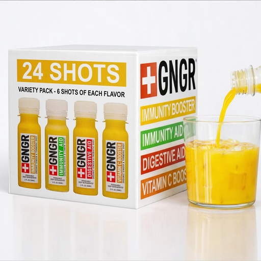 [BRSRMCYRDJ5BY3AY] GNGR 24 Shots Variety Pack of Organic Cold-Pressed Ginger Shots – 4 Target Formulas with Peruvian Ginger, High-Absorption Turmeric & Vitamin C, for Immunity, Digestion & Detox – 2 fl oz (Pack of 24)