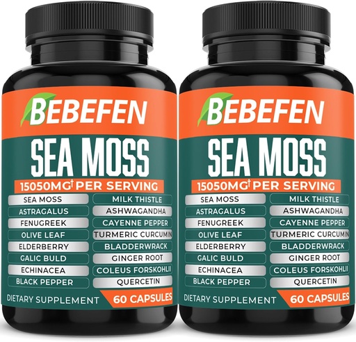 [BRSRMZA7CB7BOC3X] BEBEFEN (2 boîtes) 15050mg Capsules de mousse de mer avec Ashwagandha, Fenugreek, Bladderwrack et plus - Système immunitaire et gestion du corps