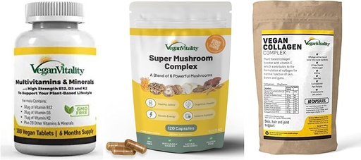 [BRSRMCADA5YBSYL6] Vegan Vitality Booster Supplements Bundle - Vegan multivitamins, Collagen and Super Mushroom Complex. High Strength Plant-Based Formula for Overall Health for Vegans and Vegetarians