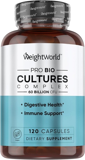 [BRSW2YAYPMNBGCLZ] WeightWorld Bio Cultures Complex - Probiotic for Women & Men - Third-Party Lab Tested - 120 Vegan Capsules (2 Months Supply) - 60 Billion CFU with 20 Probiotic Strains - Vegan, Non-GMO & Gluten-Free