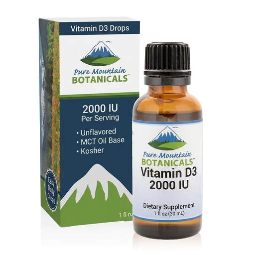 [BRSWGZD5OFYR6ET3] Pure Mountain Botanicals Liquid Vitamin D Drops - Unflavored Kosher D3 Liquid Drops in MCT Oil - 2000iu per Serving - 1oz Bottle