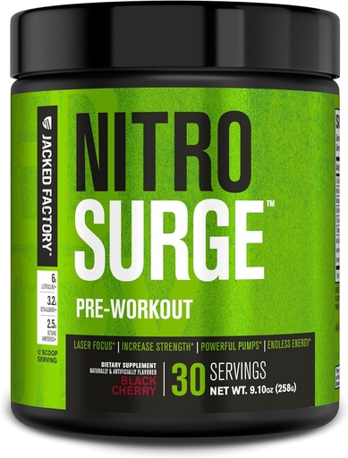 [BRSWYALYBBYQECQY] Fabrica Jacked NITROSURGE Suplimentul de pregătire - energie fără sfârșit, câștiguri de putere instant, focalizare clară și pompe intense - NO Booster & Powerful Preworkout Energetic Powder - 30 Servings, Black Cherry
