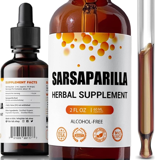 [BRSRMYY2OAIWEADL] FabLab Sarsaparilla Root Tincture - Herbal Supplement for Detox and Immune Support - 2 Fl Oz - Alcohol-Free - Non-GMO - Larruazal osasuntsua, Hormona oreka eta digestioa onartzen ditu