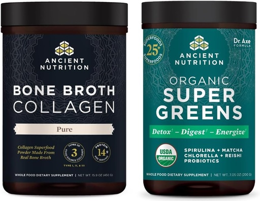[BRSRMEARCUPG2AL7] Ancient Nutrition Bone Broth Collagen Powder, Pure, 30 Servings + Organic Supergreens Powder, Greens Flavor, 25 Servings