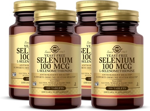 [BRSWIFD5OEHQM2DK] Solgar Yeast-Free Selenium 100 mcg - 100 Tablets, Pack of 4 - Supports Antioxidant & Immune System Health - Non-GMO, Gluten Free, Dairy Free, Kosher - 400 Total Servings