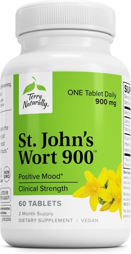 [BRSROBALCMMG23TF] Terry Naturally St John's Wort 900-60 Tablets - Provides Full Clinical Dose - Non-GMO, Vegan, Gluten Free - 60 Servings