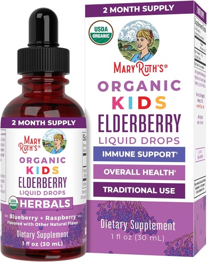 [BRSWYBQKOEIR6YLX] MaryRuth Organics USDA Organic Elderberry Liquid Drops für Kinder | Vegan Elderberry Extract Organisches Glycerin | Immununterstützungsergänzungsmittel | Gesamtgesundheit | Formuliert für Alter 4-13 | 1oz