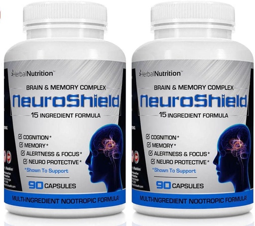 [BRSWGEAEOIPGOHT3] NeuroShield, Brain Supplement et nootropisk hjerneforsterker og minne Supplement, Inneholder Huperzine A, Ginko Biloba, Bacopa Plus Antioksidanter for hjernehelse, multi-ingredienser, 2 flasker, 180 kapsler